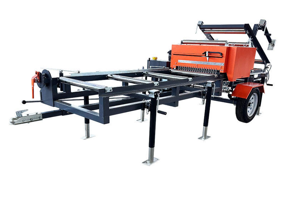 Twin-blade board edger with laser guide lines, used to edge wany boards before the blades reach the bark