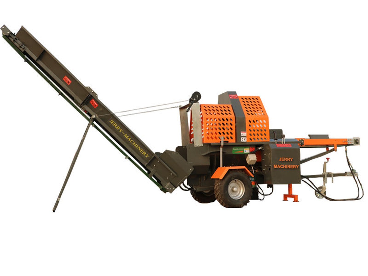 Firewood processor with hydraulic log lift and discharge conveyor, running an imported Stihl bar and chain